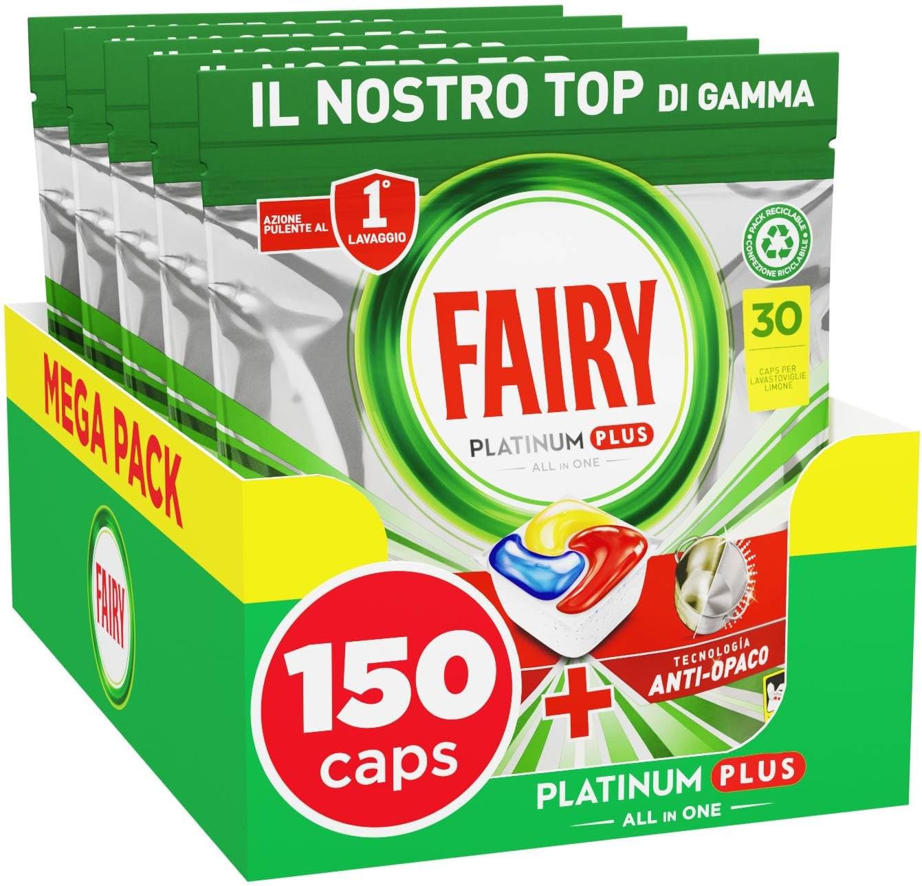 Fairy Platinum Detersivo Pastiglie Lavastoviglie Plus, Brillantante, 150 Capsule Lavastoviglie, Limone, Tecnologia Pulizia Profonda, Contro Il Grasso e le Incrostazioni Ostinate Anche Nei Cicli Brevi